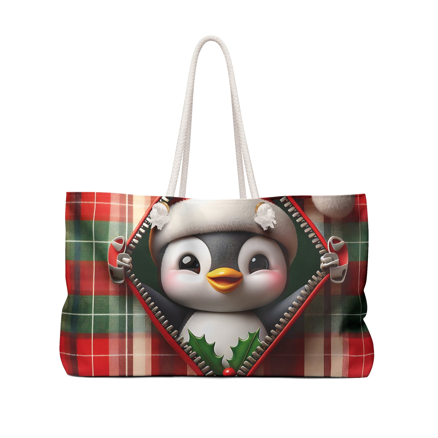 Personalised/Non-Personalised Weekender Bag, Cute Penguin, Christmas, Tartan, Large Weekender Bag, Beach Bag, Book Bag