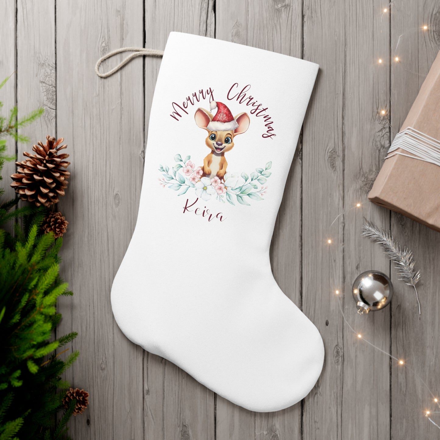 Personalised Santa Stocking, Australian Animals Eucalyptus, Kangaroo