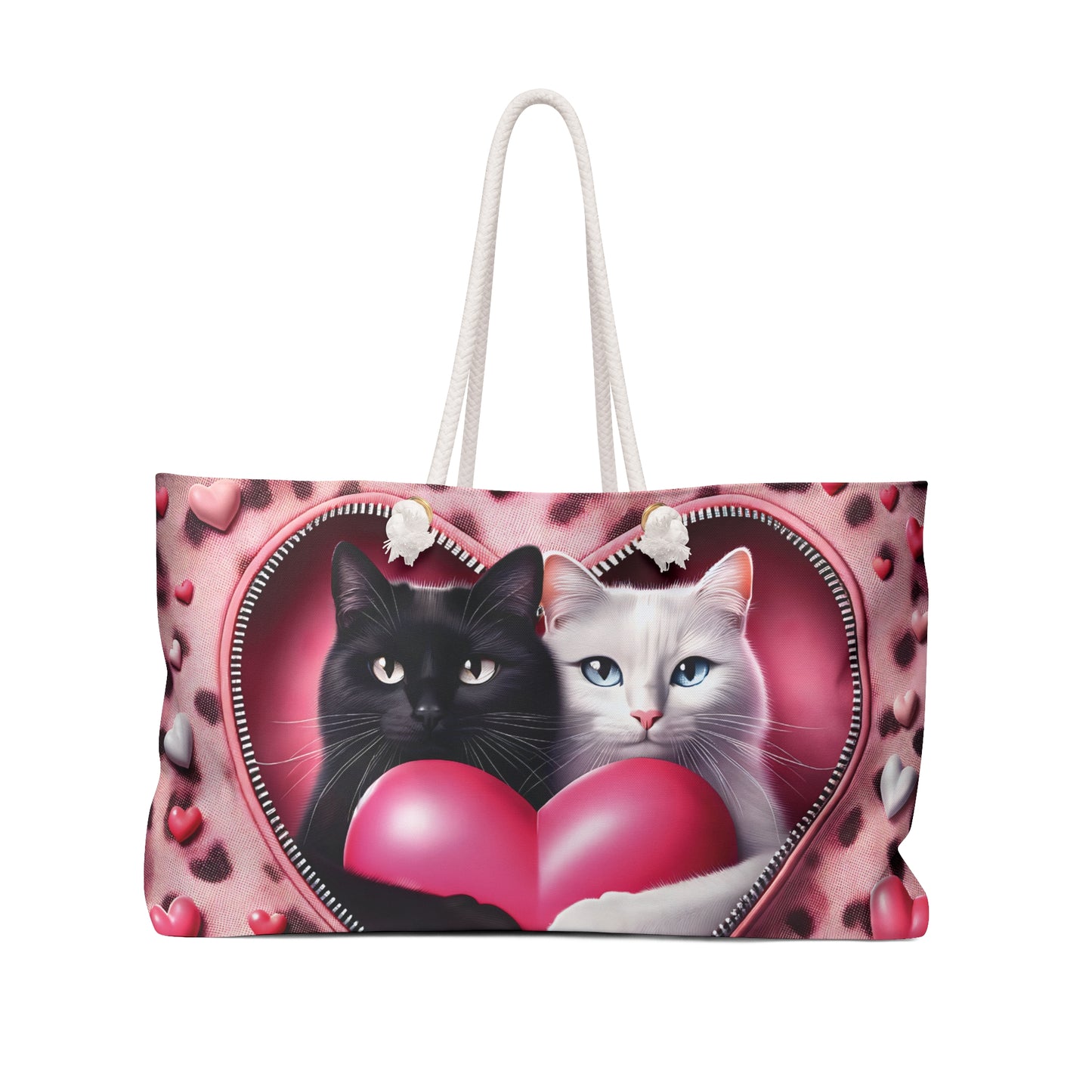 Personalised/Non-Personalised Weekender Bag, Cute Cat, Zipper, Valentines Day, Large Weekender Bag, Beach Bag, Book Bag