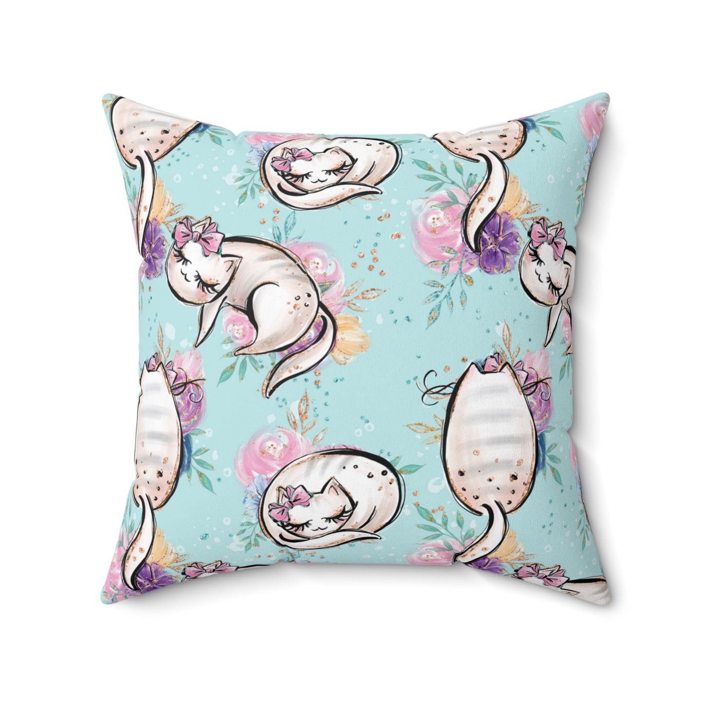 Spun Polyester Square Pillow, Cats Floral Cushion