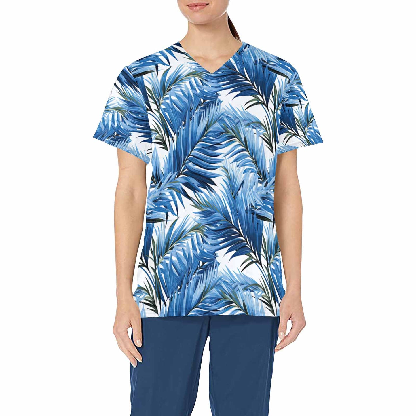 Tropical Palm Leaves  Women's V Neck Scrub Top Nurse Uniform with Deep Front Pockets