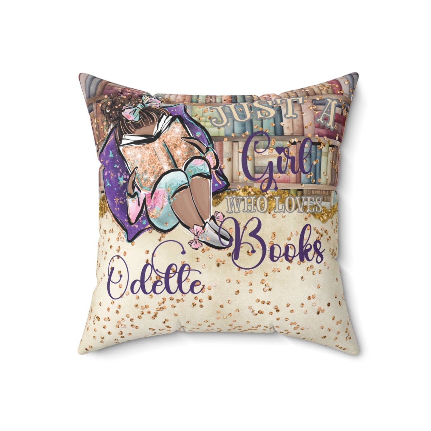 Polyester Square Pillow, Just a Girl who Loves Books, Dark Skin