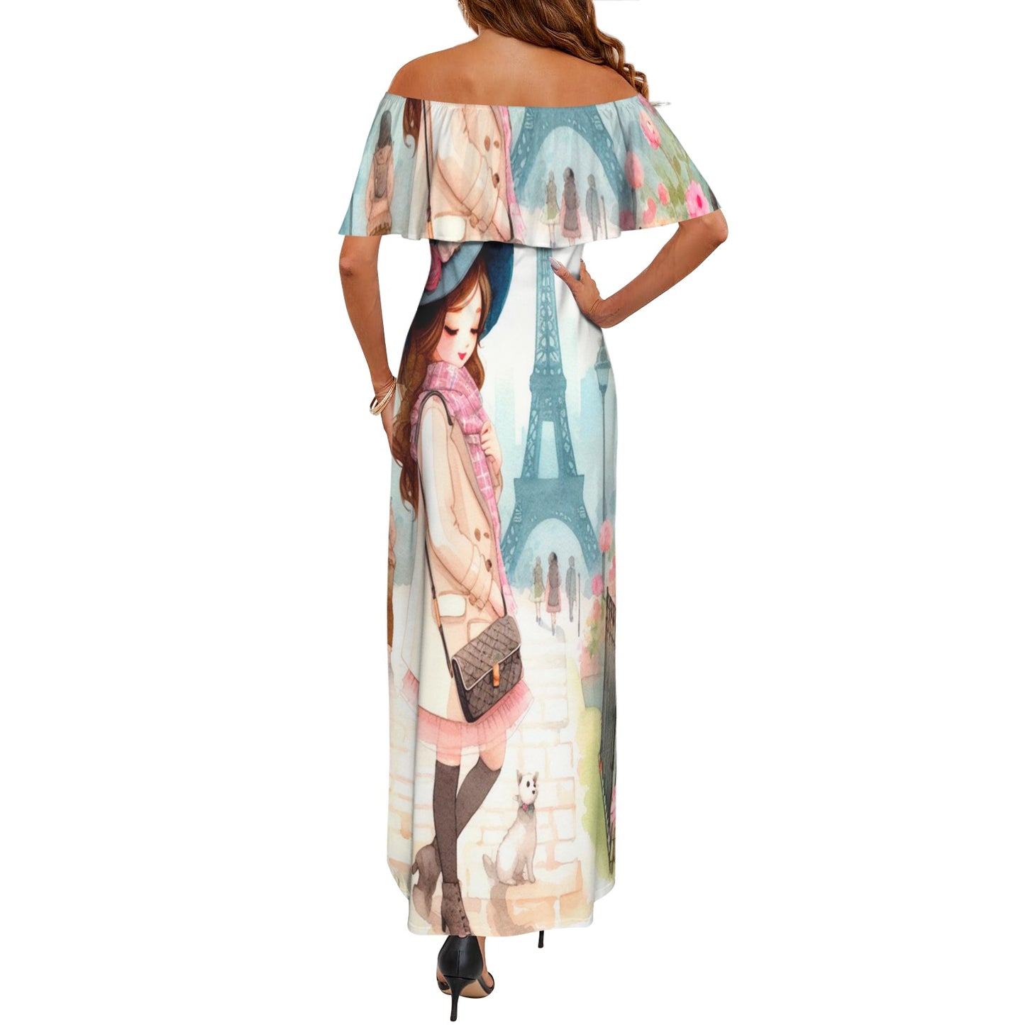 Girl 8 Women's Off Shoulder Ruffle Boat Neck Dress (Model D71)
