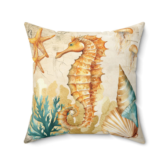 Nautical Polyester Square Cushion, Nautical cushion, Natural Seahorse