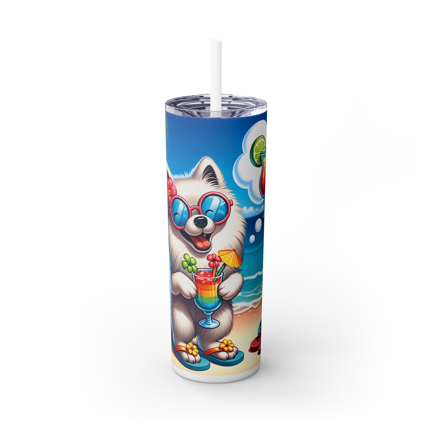 Skinny Tumbler with Straw, 20oz, Dog on Beach, American Eskimo, awd-1115