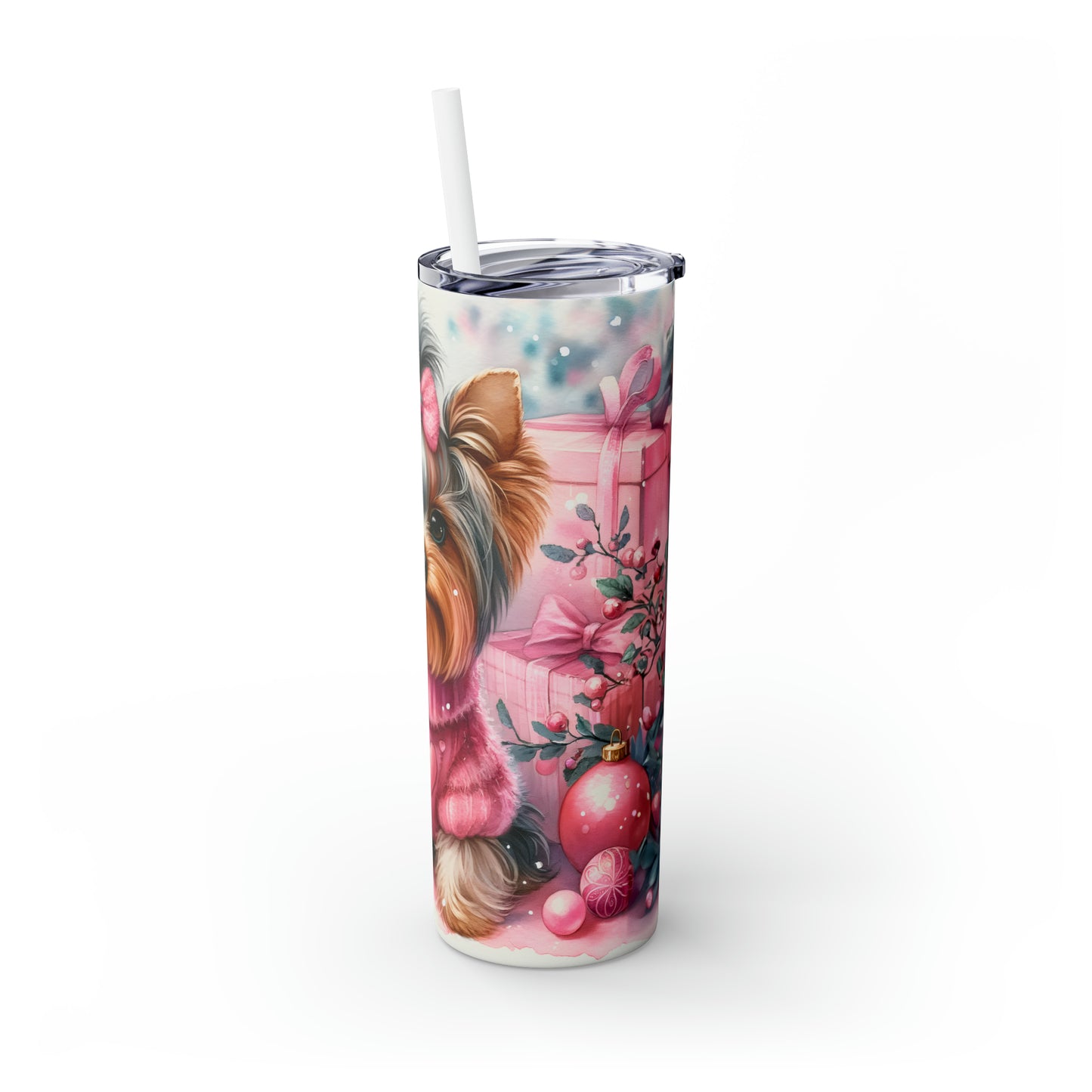 Skinny Tumbler with Straw, 20oz, Christmas Yorkshire Terrier, awd-222