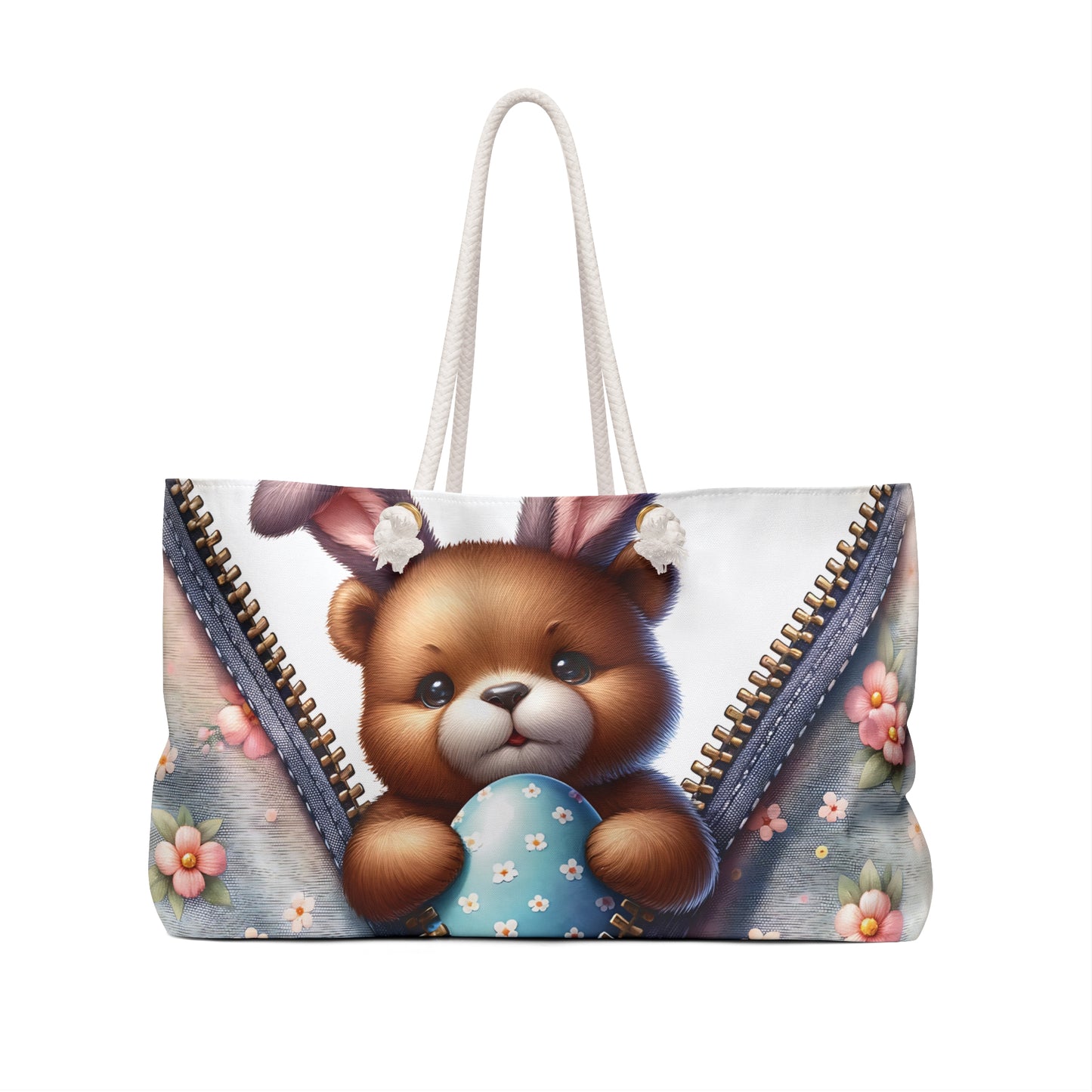 Personalised/Non-Personalised Weekender Bag, Easter, Cute Bear with Bunny Ears, Large Weekender Bag, Beach Bag, Book Bag