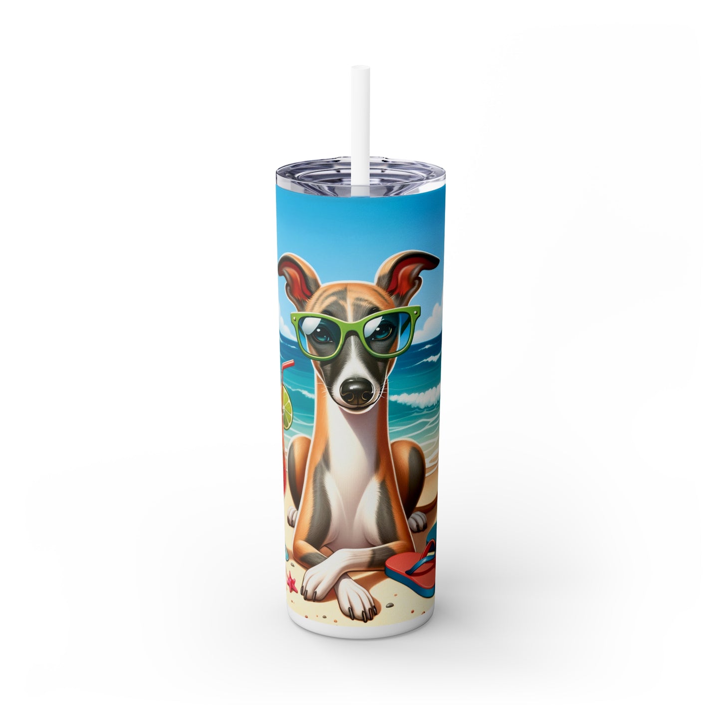 Skinny Tumbler with Straw, 20oz, Dog on Beach, Whippet, awd-1252