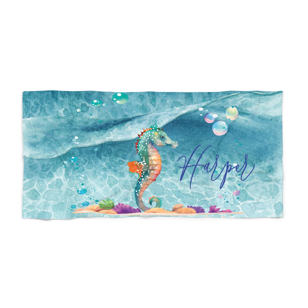 Personalised Beach Towel, Seahorse, Polycotton Towel, 2 sizes Available