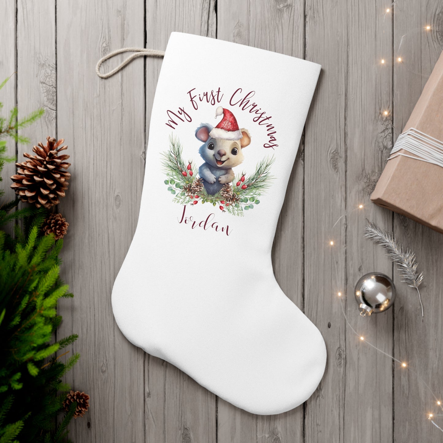 Personalised Santa Stocking, Australian Animals Poinsettia, Quoka