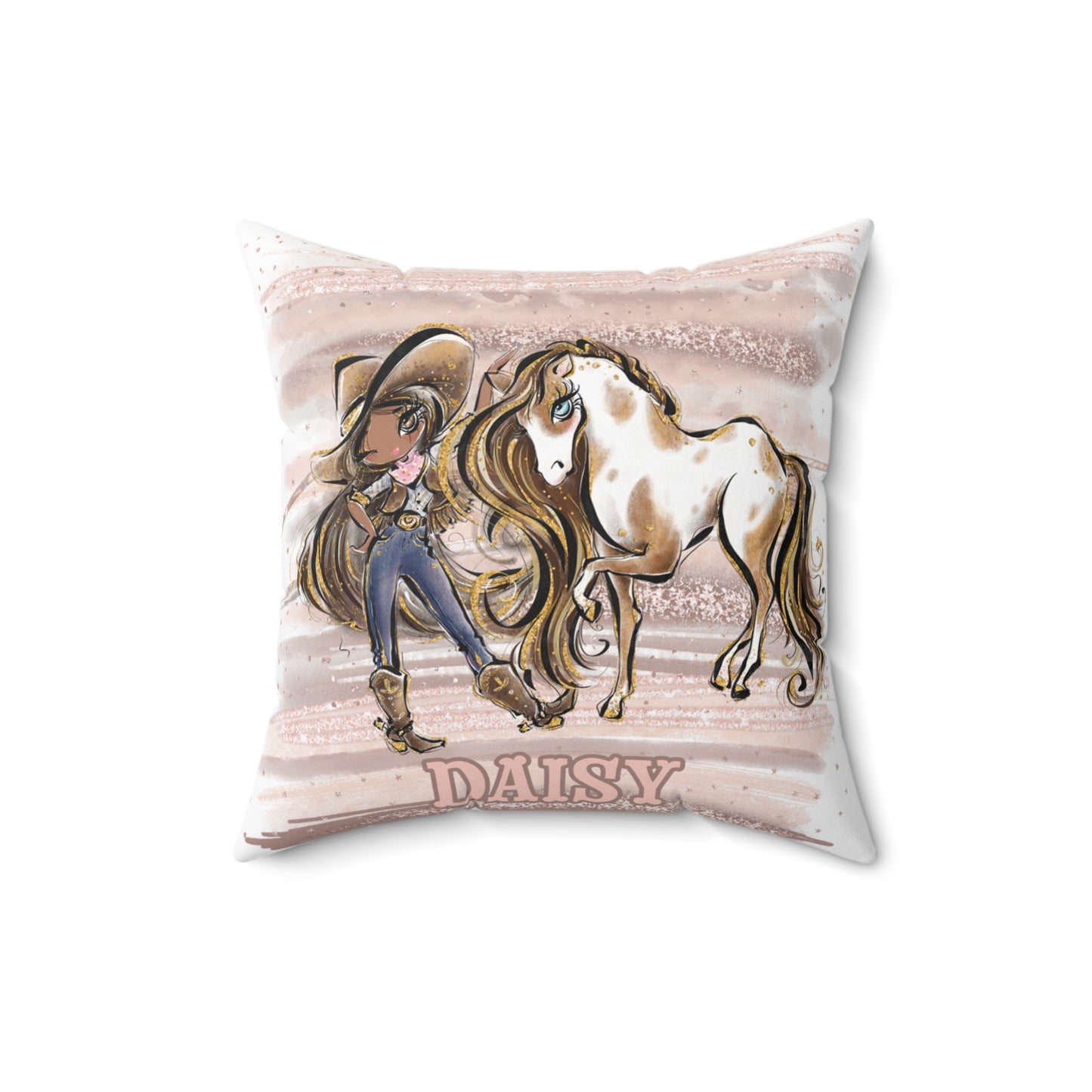 Personalised Cowgirl and Horse Cushion,  Brown Hair, Olive Skin, Brown Eyes, Polyester Square Cushion, Christmas cushion