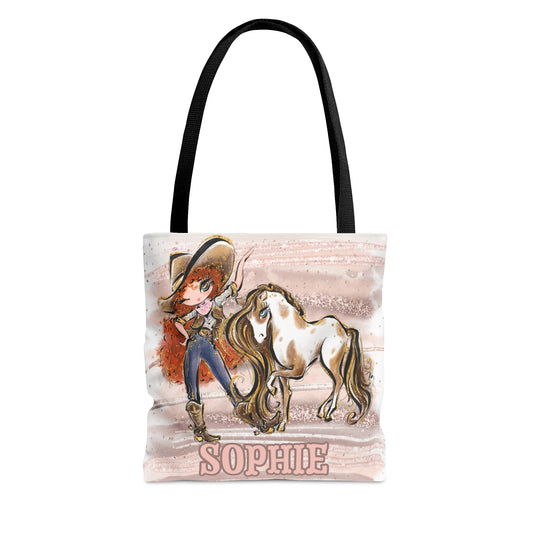 Personalised Tote Bag, Cowgirl & Horse, Red Curly Hair, Brown Eyes, Tote bag