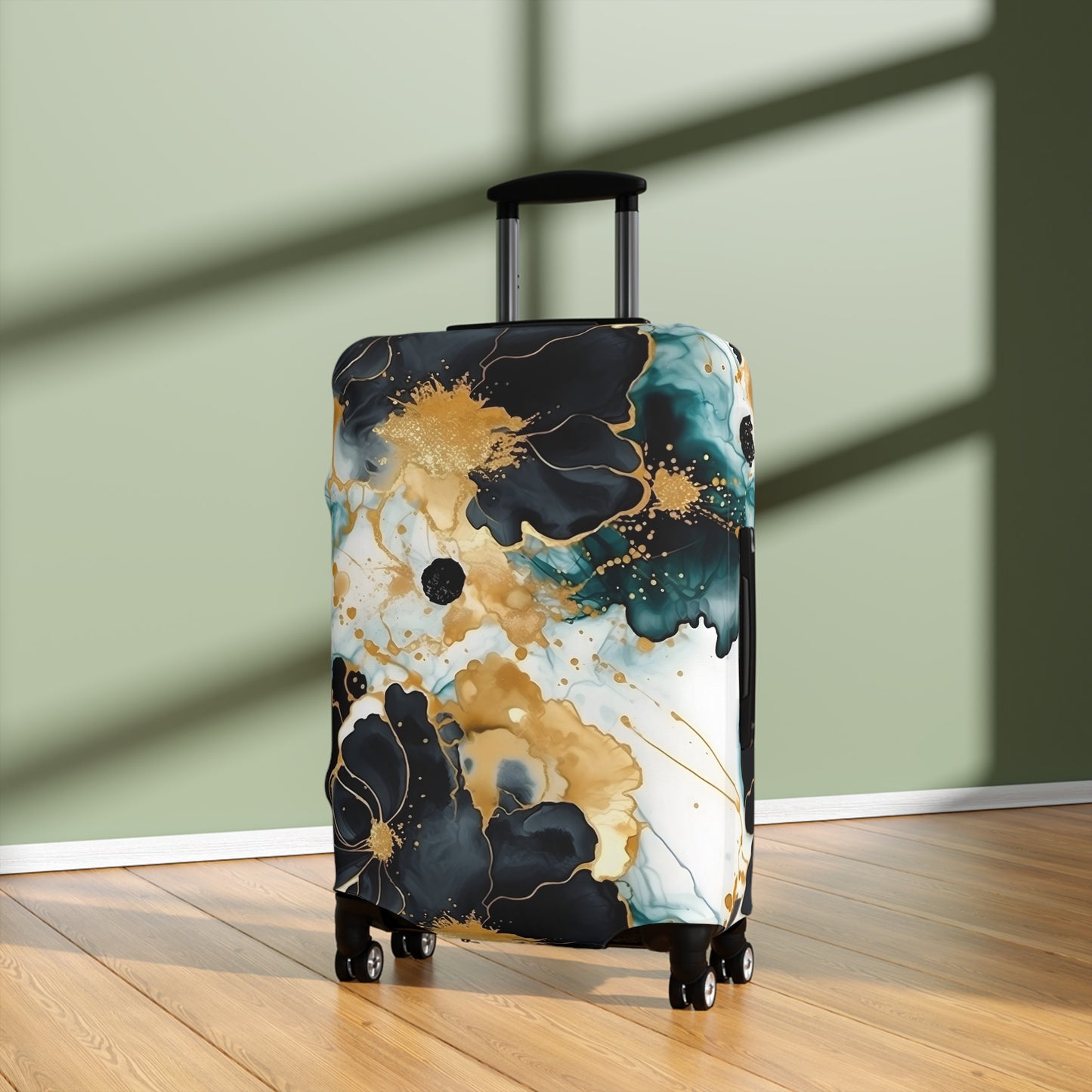 Luggage Cover, Alcohol Ink Black, Green and Gold Floral