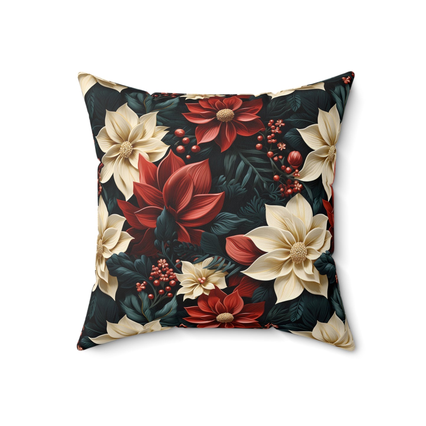 Spun Polyester Square Pillow, Poinsettia Floral Cushion