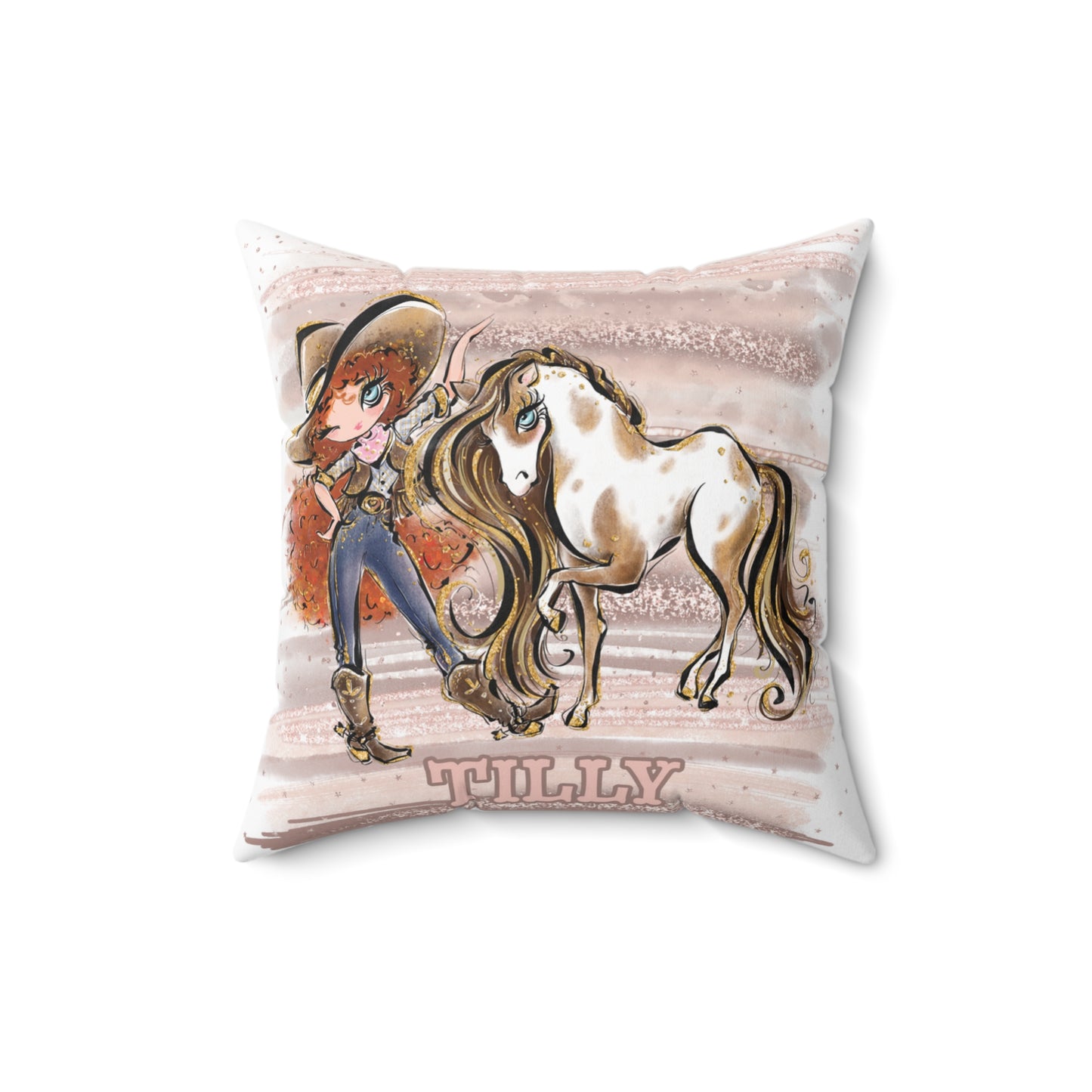 Personalised Cowgirl and Horse Cushion,  Red Curly Hair, Blue Eyes, Polyester Square Cushion, Christmas cushion