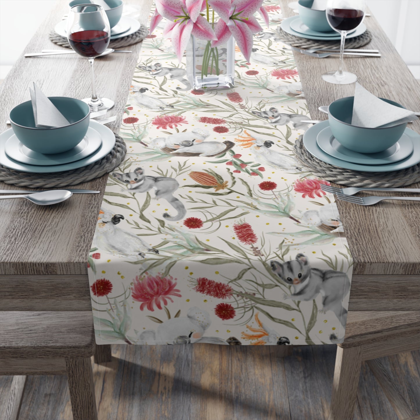 Australian Animals and Australian Floral Table Runner, Cotton Twill and Poly Available