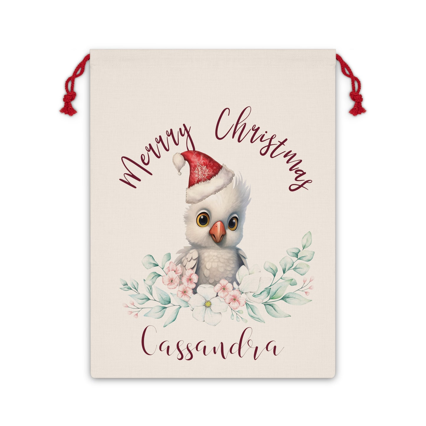 Personalised Santa Sack, White Cockatoo, Eucalyptus Leaves Linen Bag