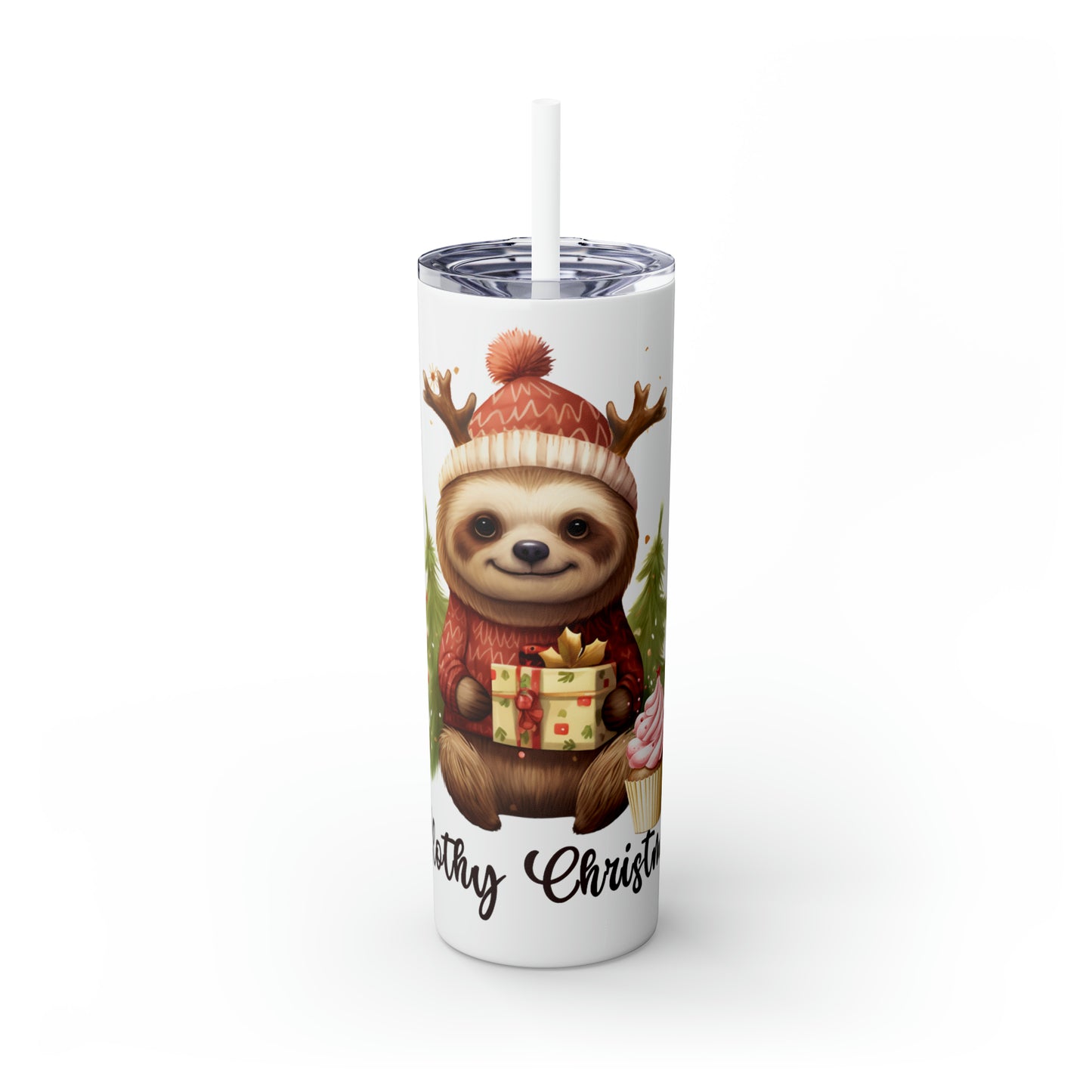 Skinny Tumbler with Straw, 20oz, Christmas, Sloth, awd-814