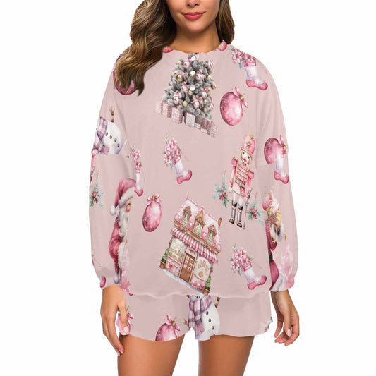 Pink Chirstmas Women's Long Sleeve Pajama Set with Shorts