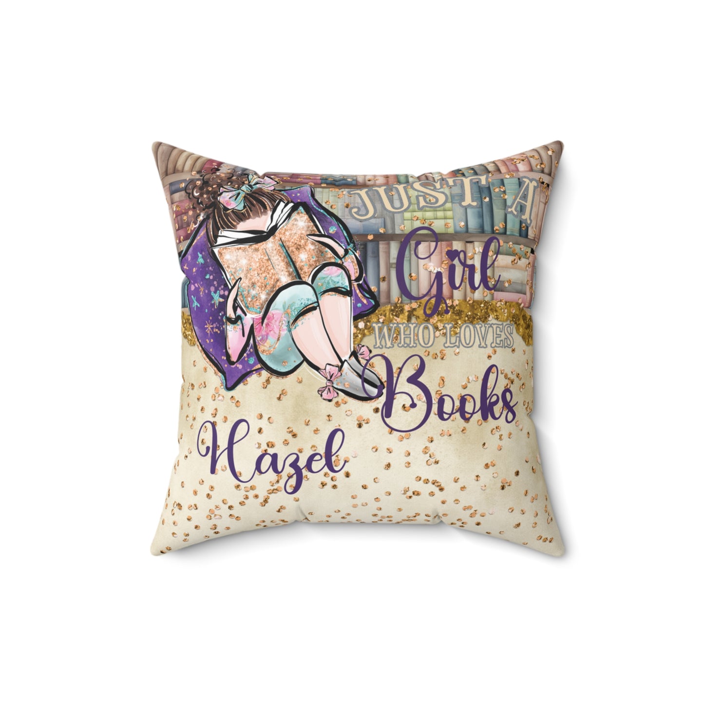 Polyester Square Pillow, Just a Girl who Loves Books, Brunette Hair