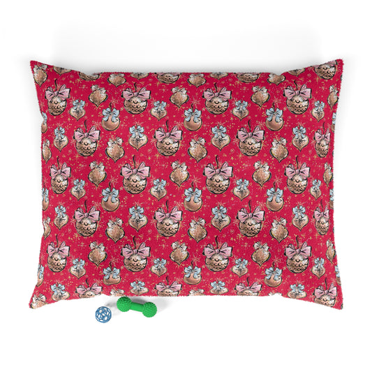 Luxury Pet Bed, feather soft fleece, Red Christmas Balls