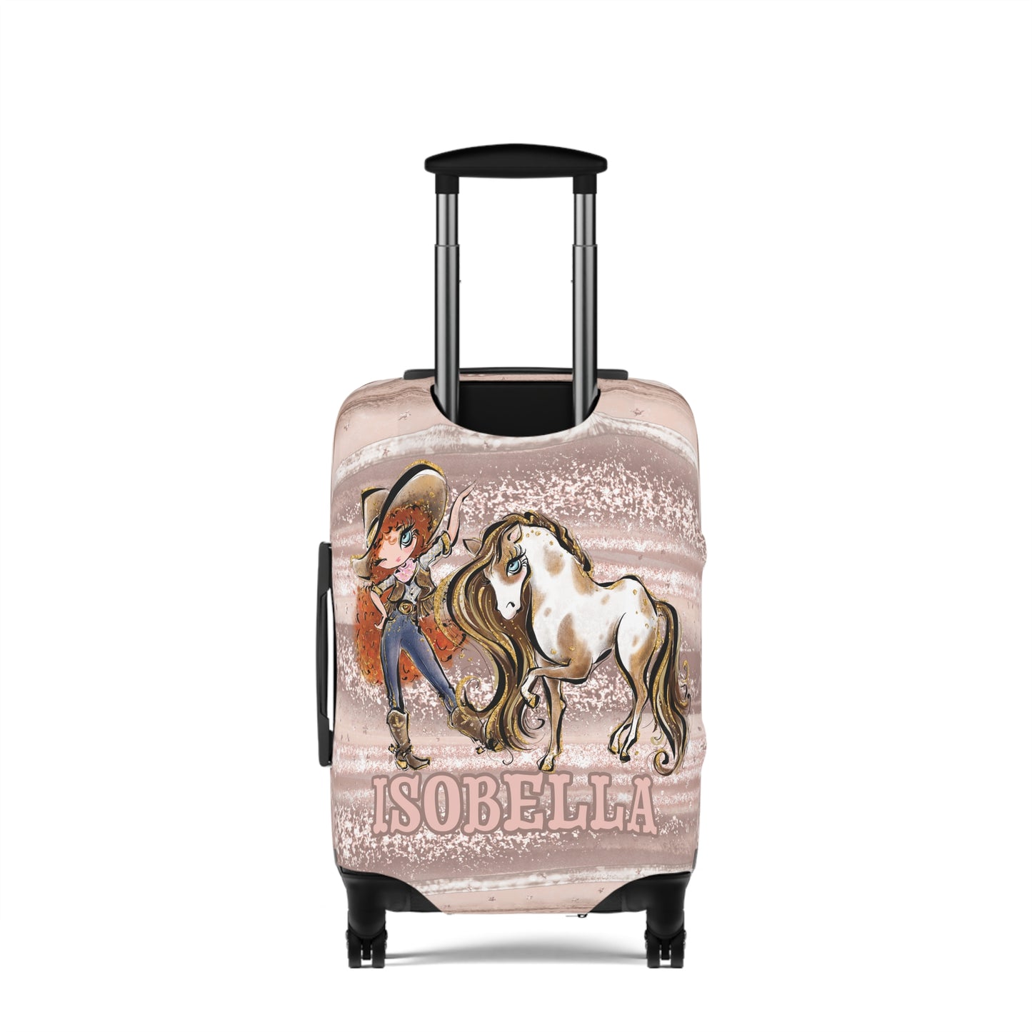 Luggage Cover, Howdy Cowgirl and Horse, Red Curly Hair Blue Eyes