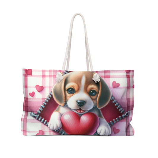 Personalised/Non-Personalised Weekender Bag, Cute Dog, Zipper, Valentines Day, Large Weekender Bag, Beach Bag, Book Bag