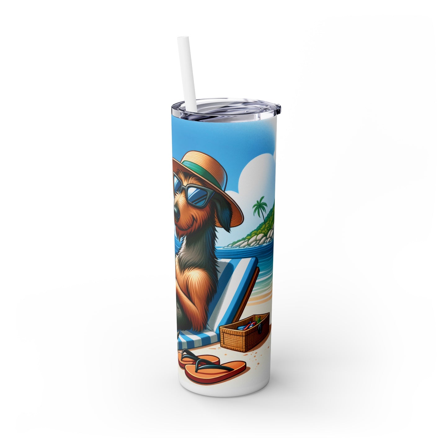 Skinny Tumbler with Straw, 20oz, Dog on Beach, Irish Wolfhound, awd-1217