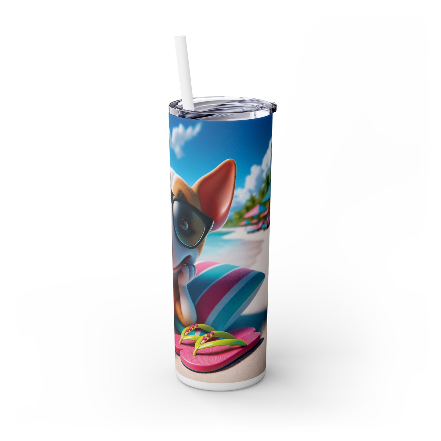 Skinny Tumbler with Straw, 20oz, Dog on Beach, Miniature Bull Terrier, awd-1224