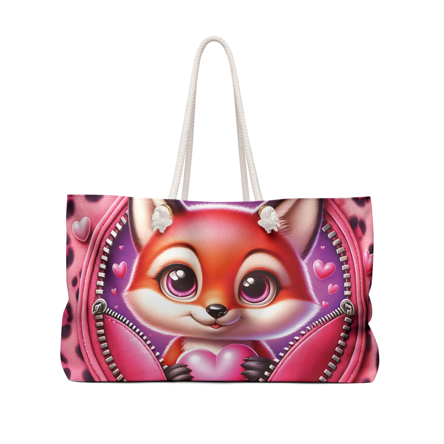 Personalised/Non-Personalised Weekender Bag, Cute Fox, Zipper, Valentines Day, Large Weekender Bag, Beach Bag, Book Bag