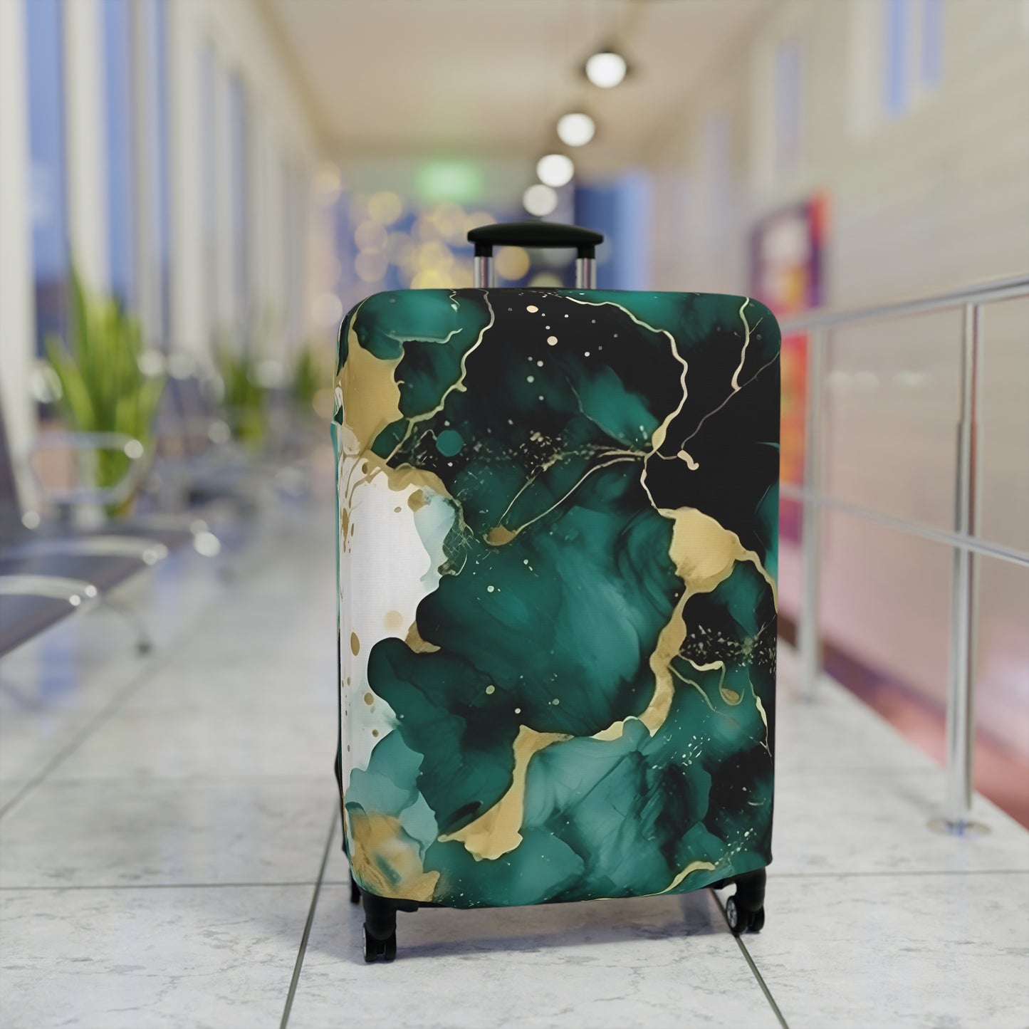 Luggage Cover, Alcohol Ink Green and Gold Floral