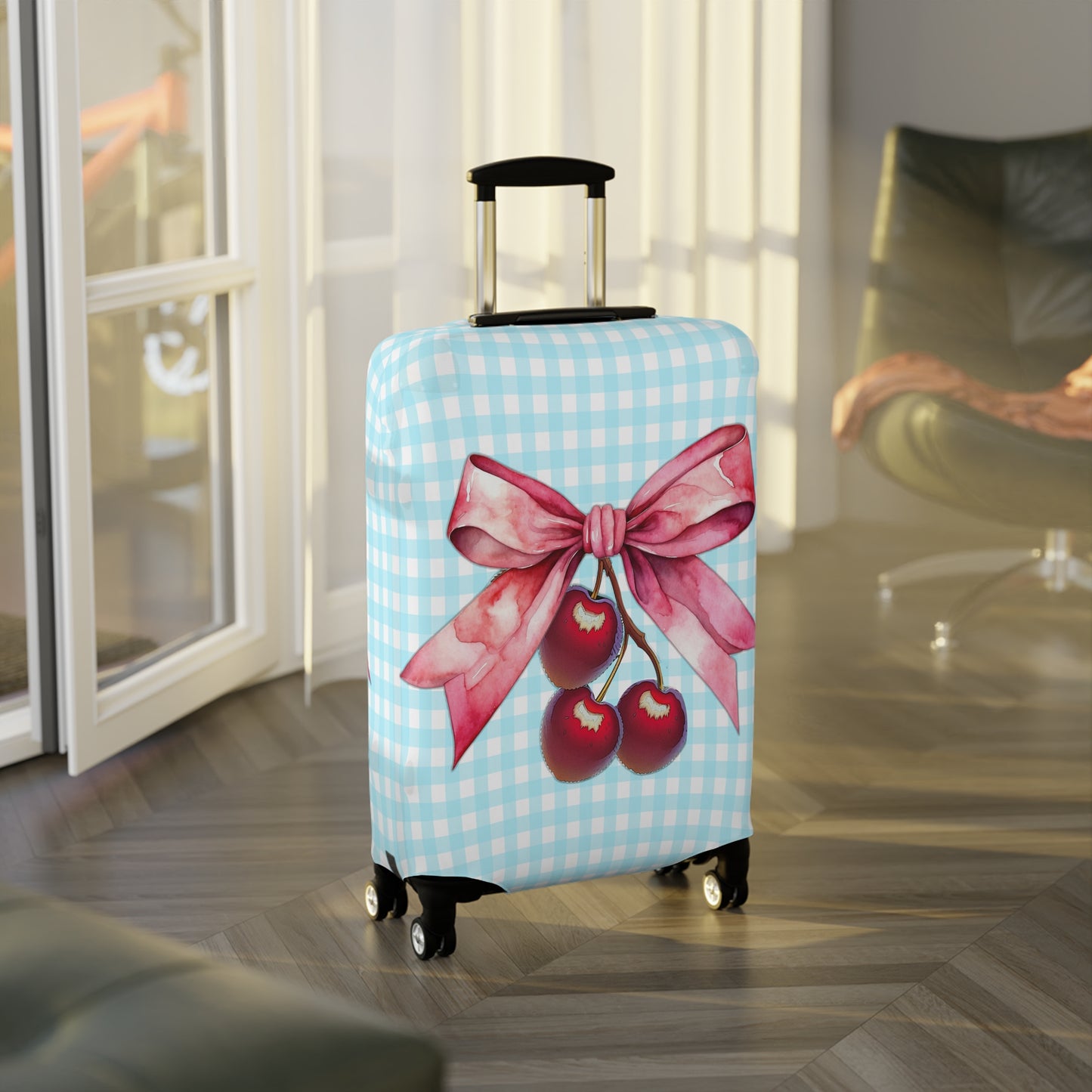 Luggage Cover, Rockabilly, Coquette, Pastel Blue Gingham, Cherries and Ribbon, awd-2513