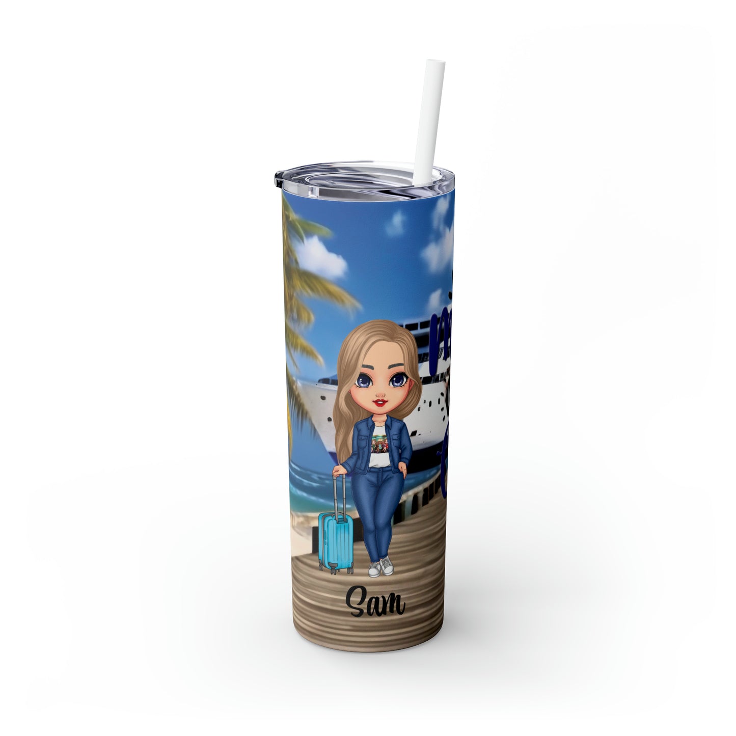 Skinny Tumbler with Straw, 20oz Cruise, Personalised Making Memories One Cruise at a Time, Blonde, Hair Blue Eyes