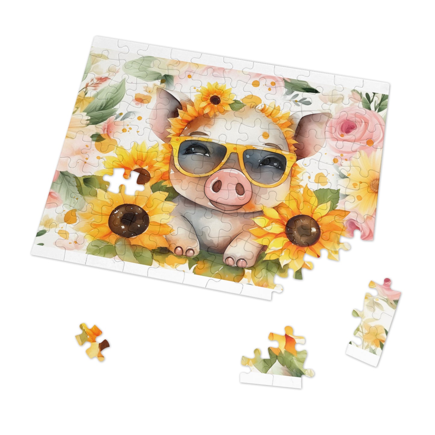 Puzzle, Pig, Sunflowers, Personalised/Non-Personalised (30, 110, 252, 500,1000-Piece) awd-657