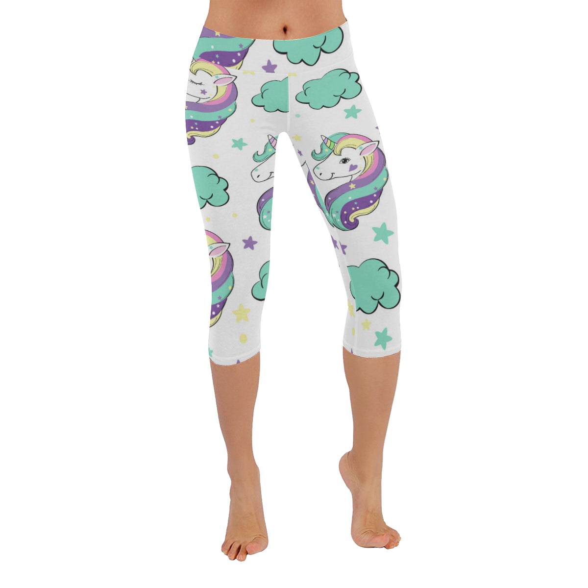 Unicorn in the clouds Pop Art Women's Low Rise Capri Leggings (Invisible Stitch)