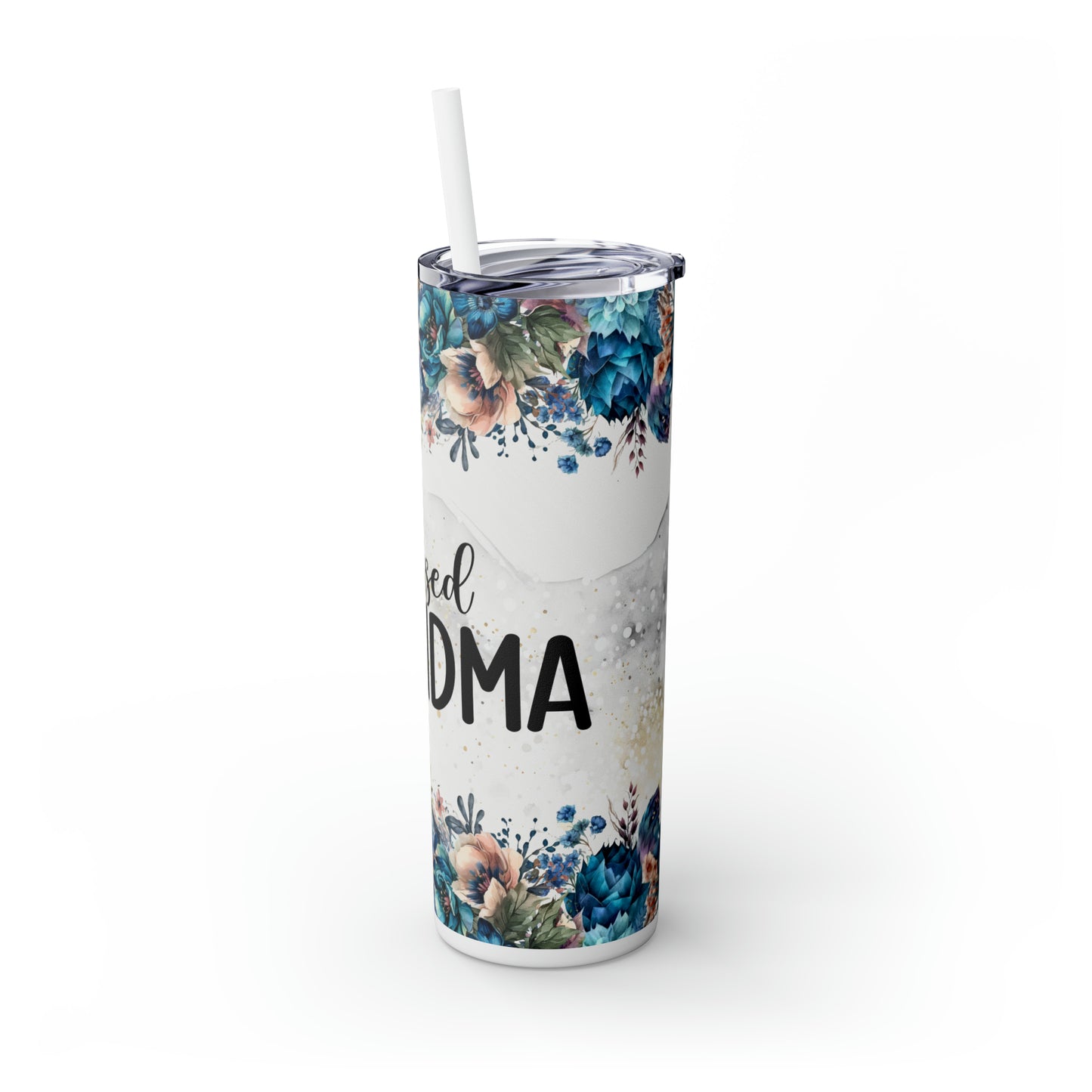 Skinny Tumbler with Straw, 20oz, Floral, Quote, Blessed Grandma, awd-729