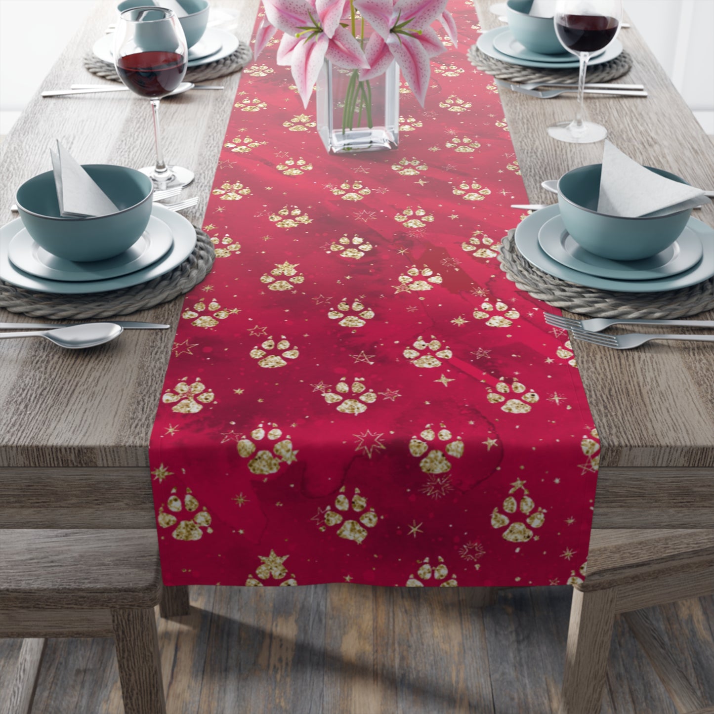 Doggie Paws Christmas Table Runner, Cotton Twill and Poly Available