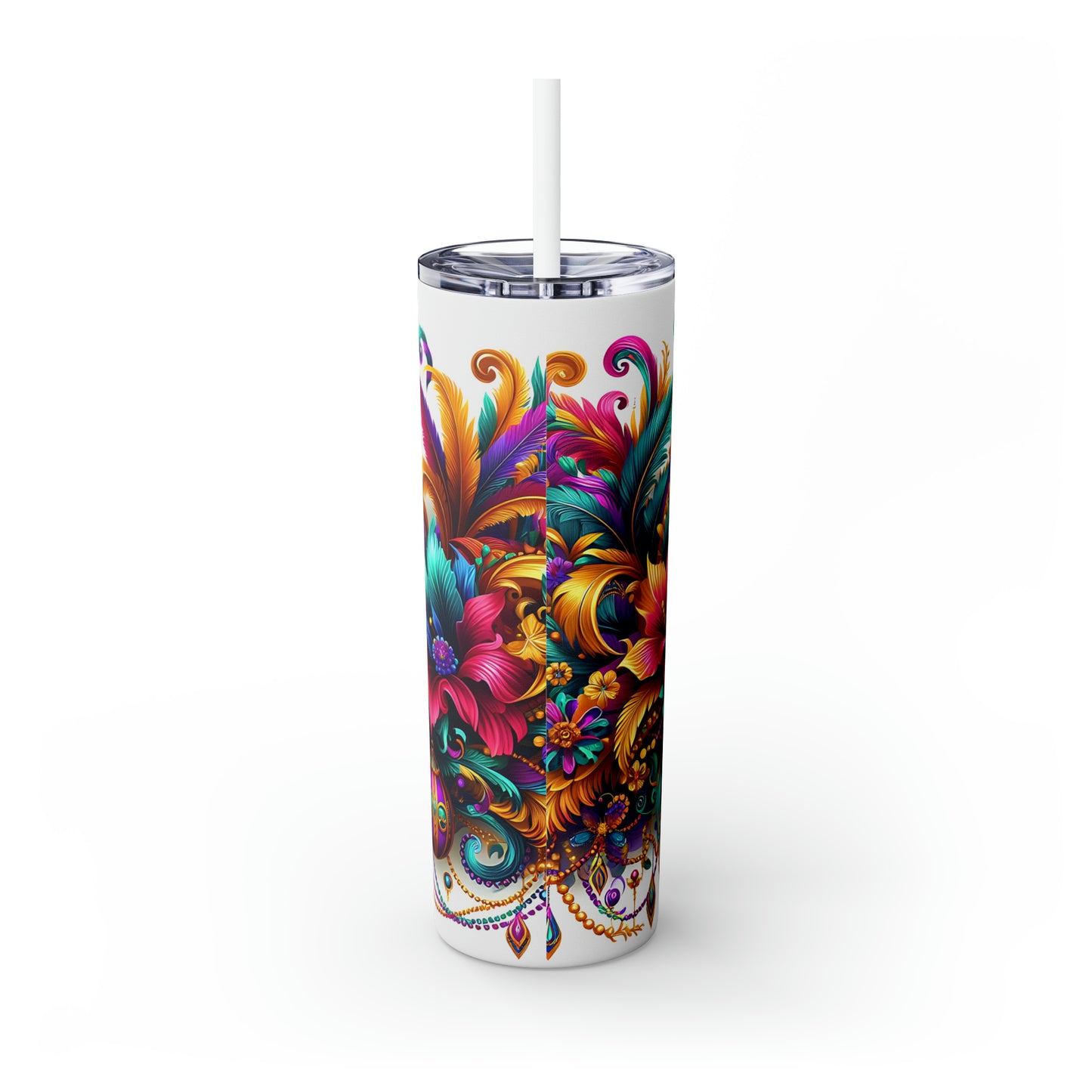 Skinny Tumbler with Straw, 20oz, Floral, Mardi Gras