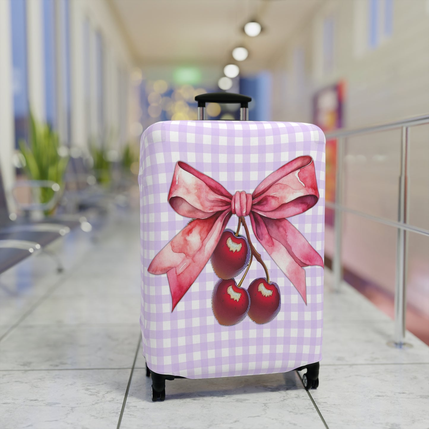 Luggage Cover, Rockabilly, Coquette, Pastel Purple Gingham, Cherries and Ribbon, awd-2512