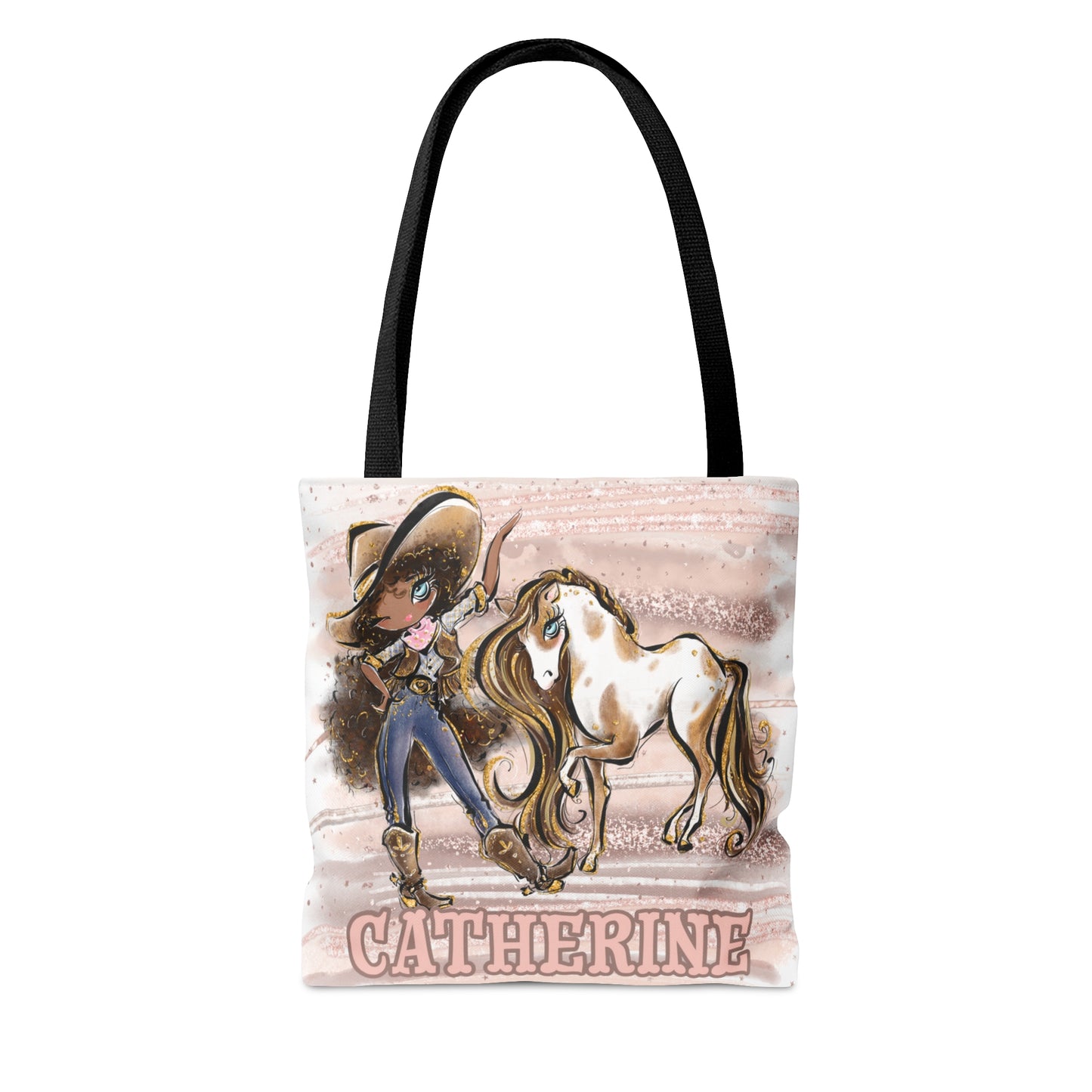 Personalised Tote Bag, Cowgirl & Horse, Brown Curly Hair, Olive Skin, Blue Eyes, Tote bag