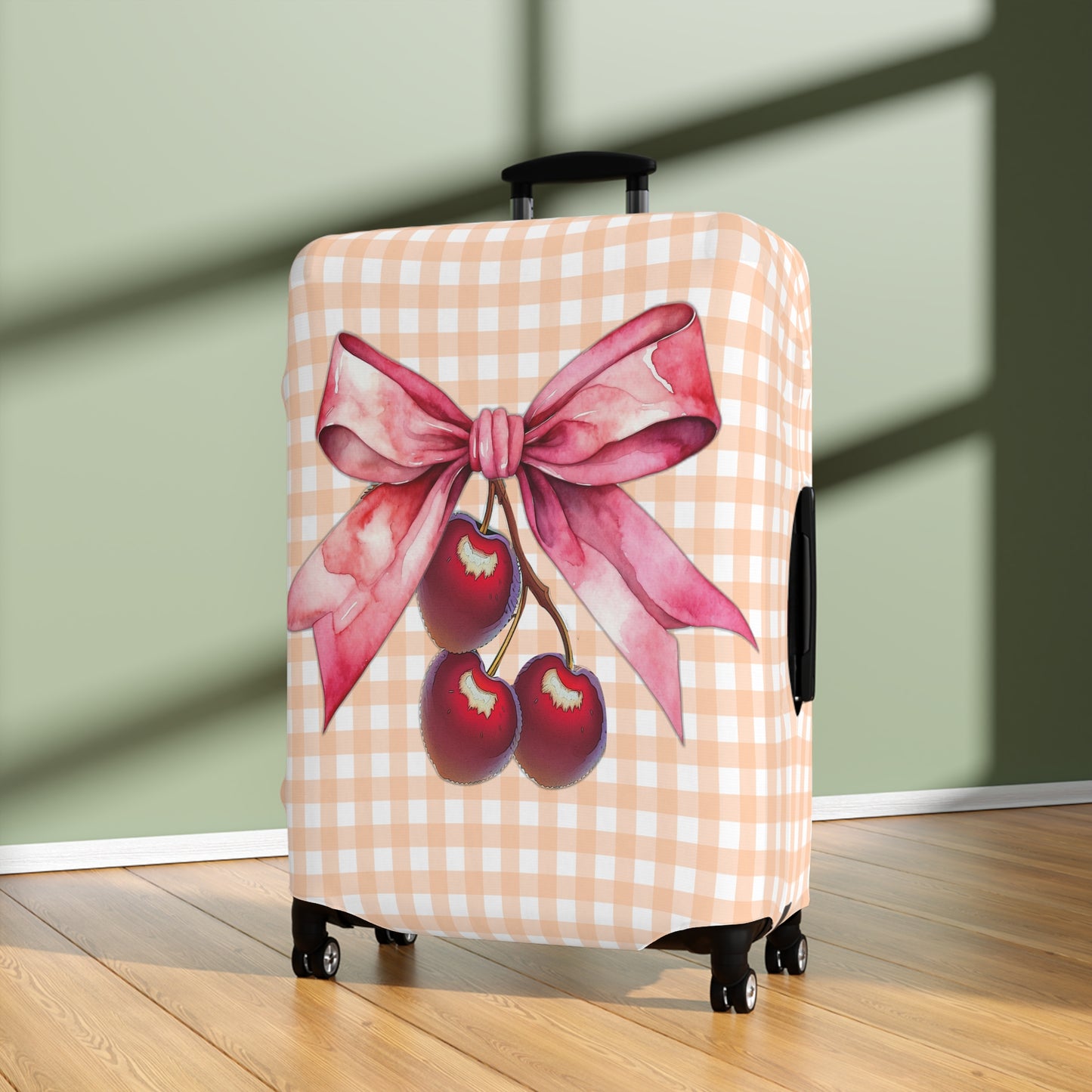 Luggage Cover, Rockabilly, Coquette, Pastel Orange Gingham, Cherries and Ribbon, awd-2510