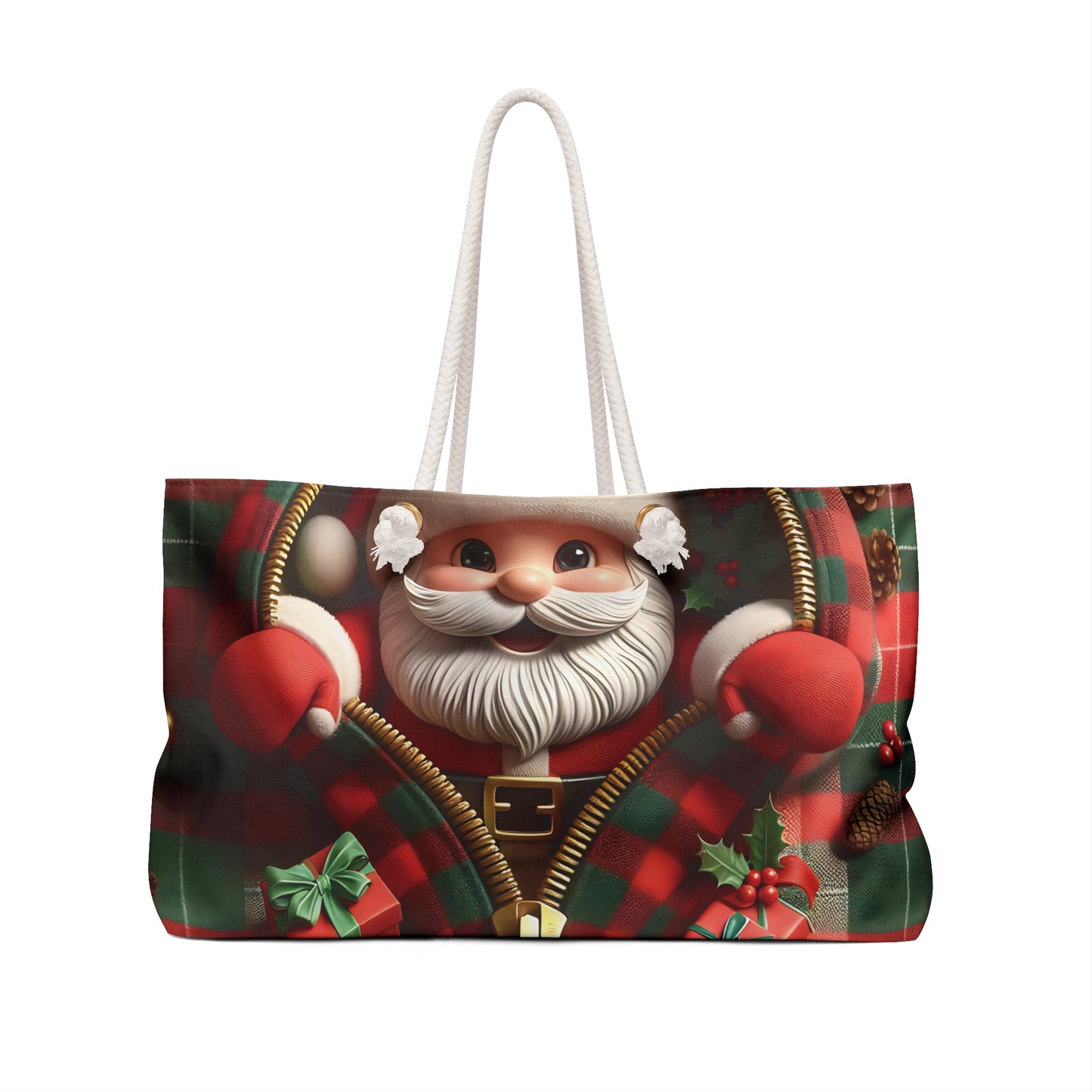 Personalised/Non-Personalised Weekender Bag, Cute Santa, Christmas, Tartan, Large Weekender Bag, Beach Bag, Book Bag