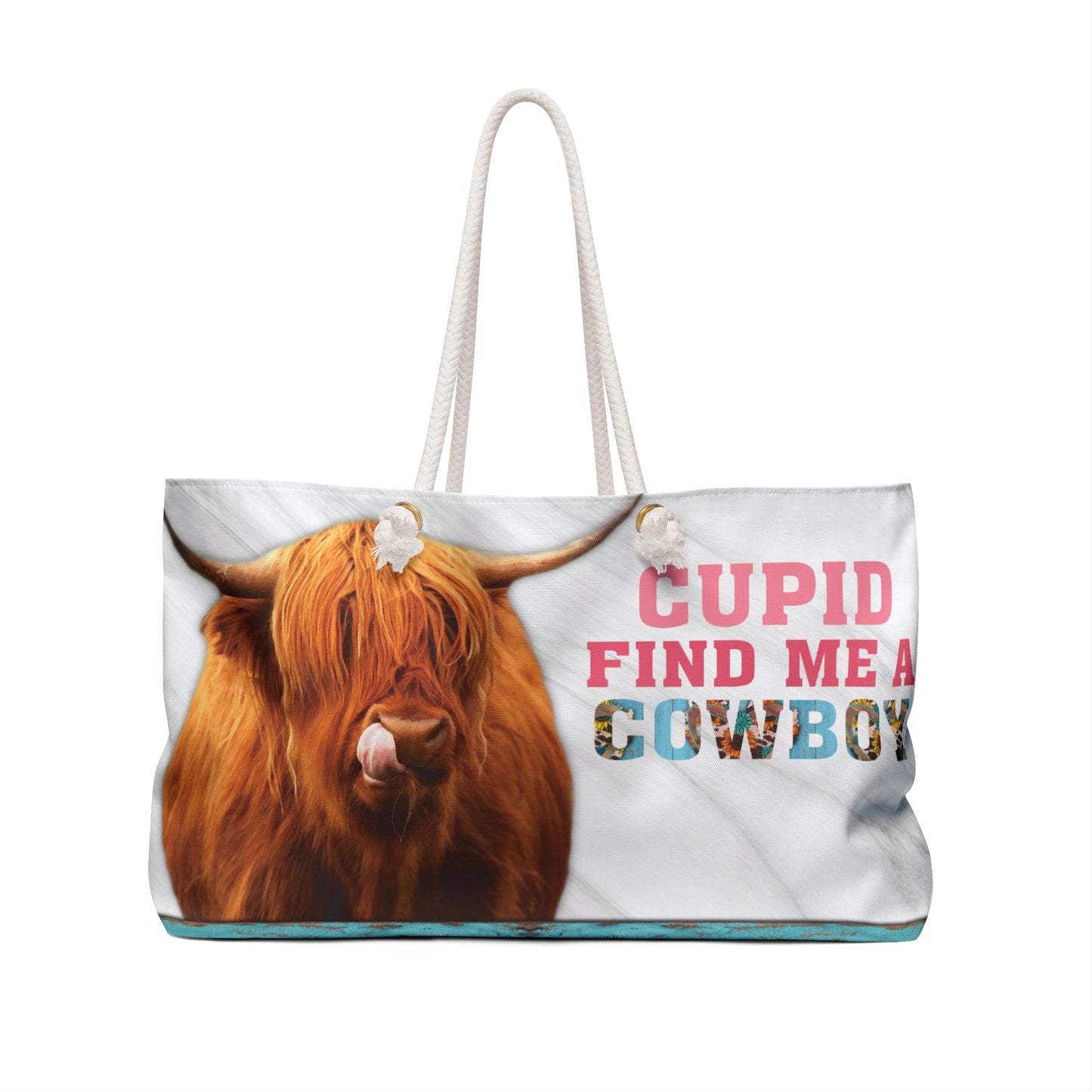 Personalised/Non-Personalised Weekender Bag, Highland Cow, Cupid find me a Cowboy, Large Weekender Bag, Beach Bag, Book Bag