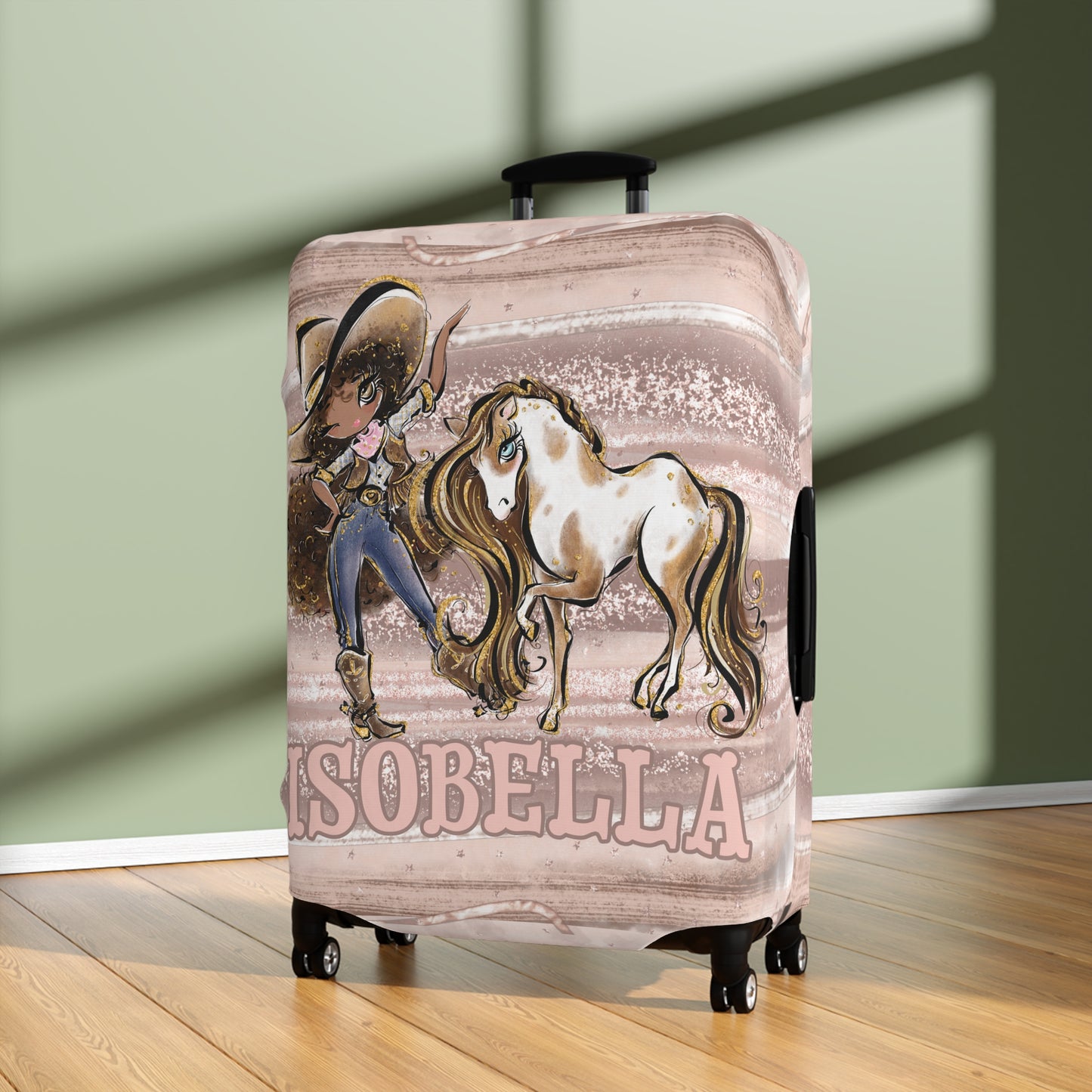 Luggage Cover, Howdy Cowgirl and Horse, Brunette Curly Hair Olive Skin Brown Eyes