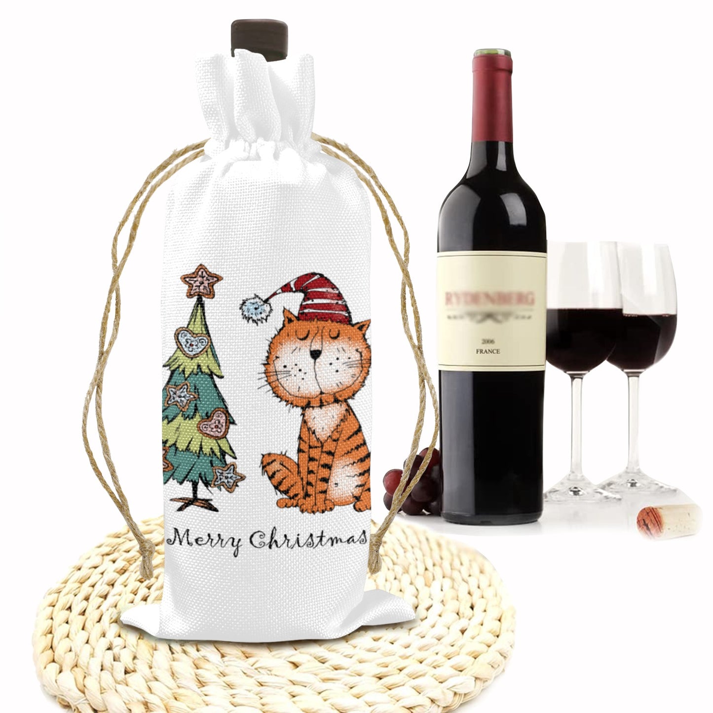 Merry Christmas Whimsical Cat Linen Wine Bottle Bag