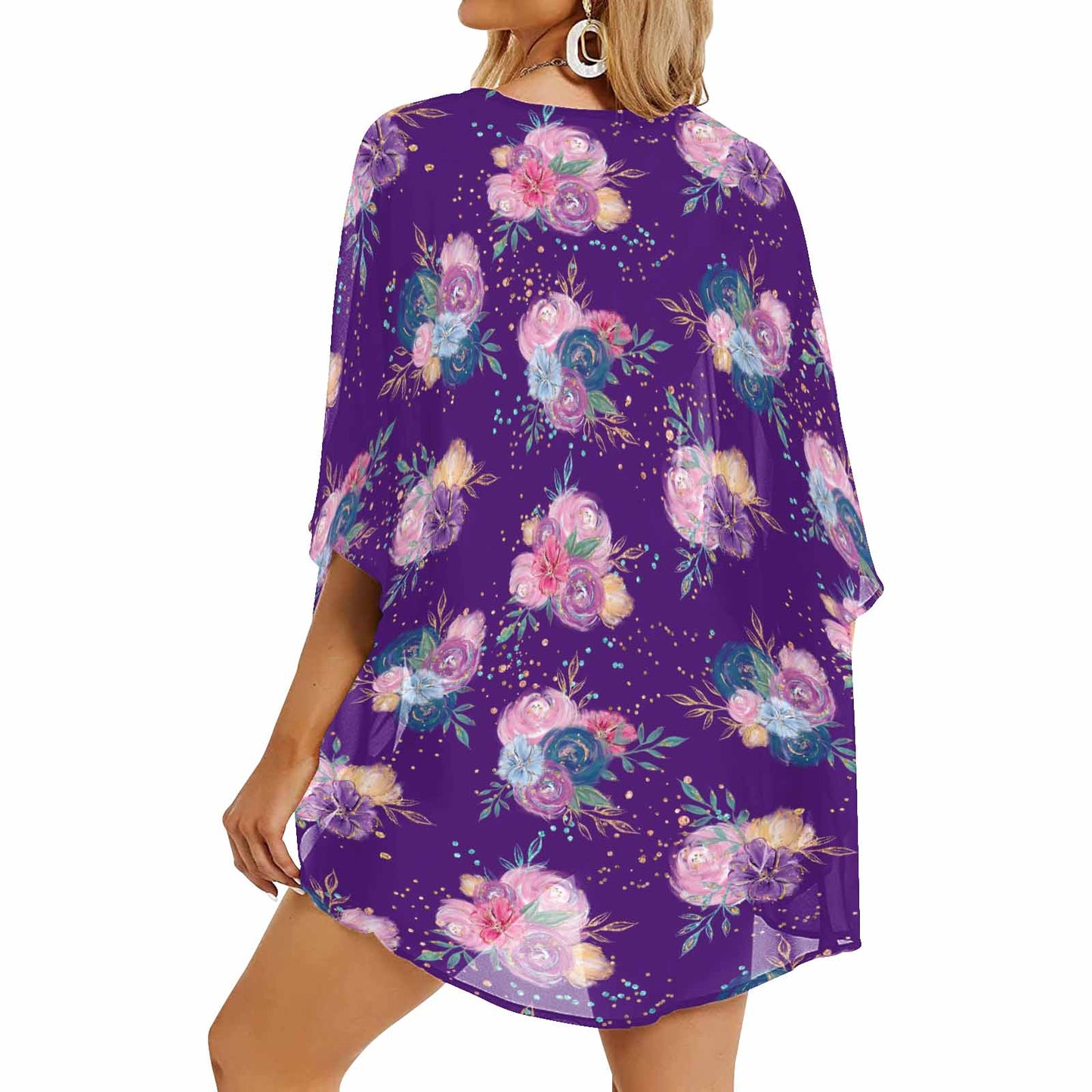 Purple Floral  Women's Kimono Chiffon Cover Up