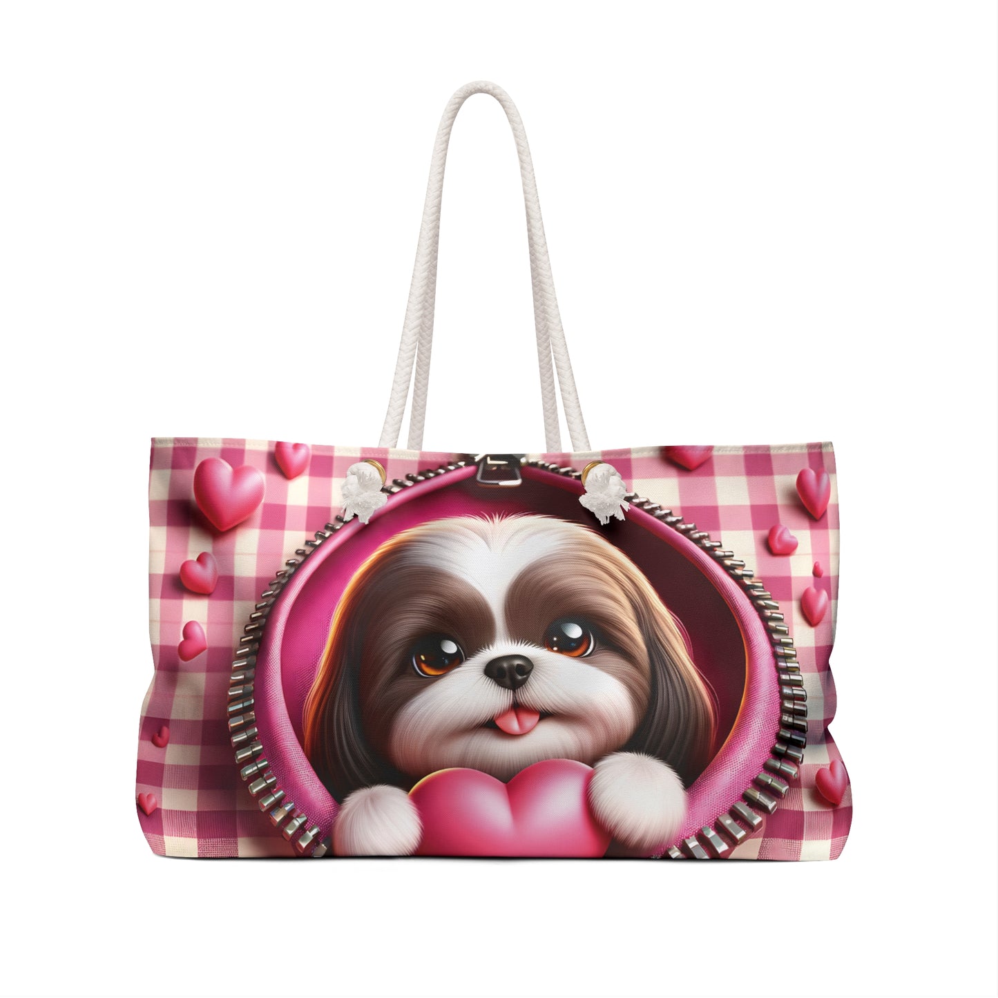 Personalised/Non-Personalised Weekender Bag, Cute Dog, Zipper, Valentines Day, Large Weekender Bag, Beach Bag, Book Bag