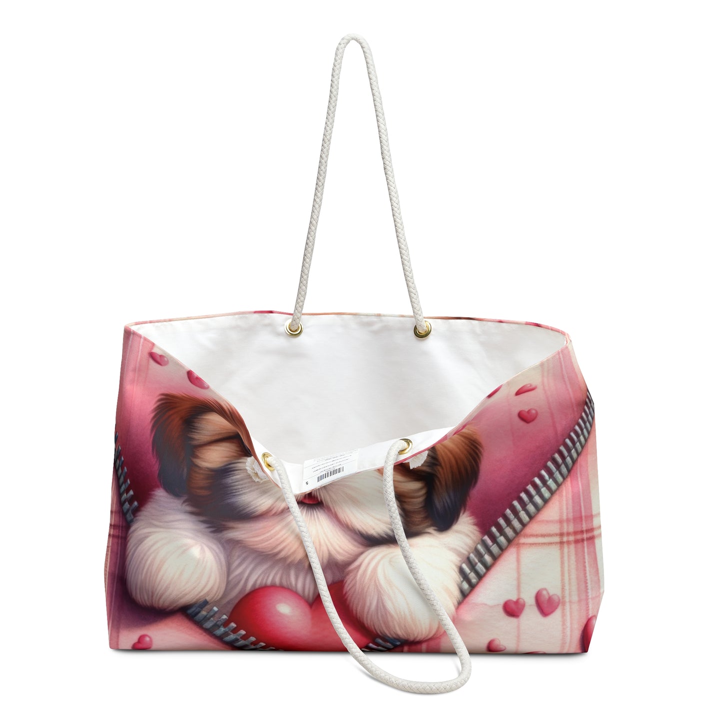 Personalised/Non-Personalised Weekender Bag, Cute Dog, Zipper, Valentines Day, Large Weekender Bag, Beach Bag, Book Bag