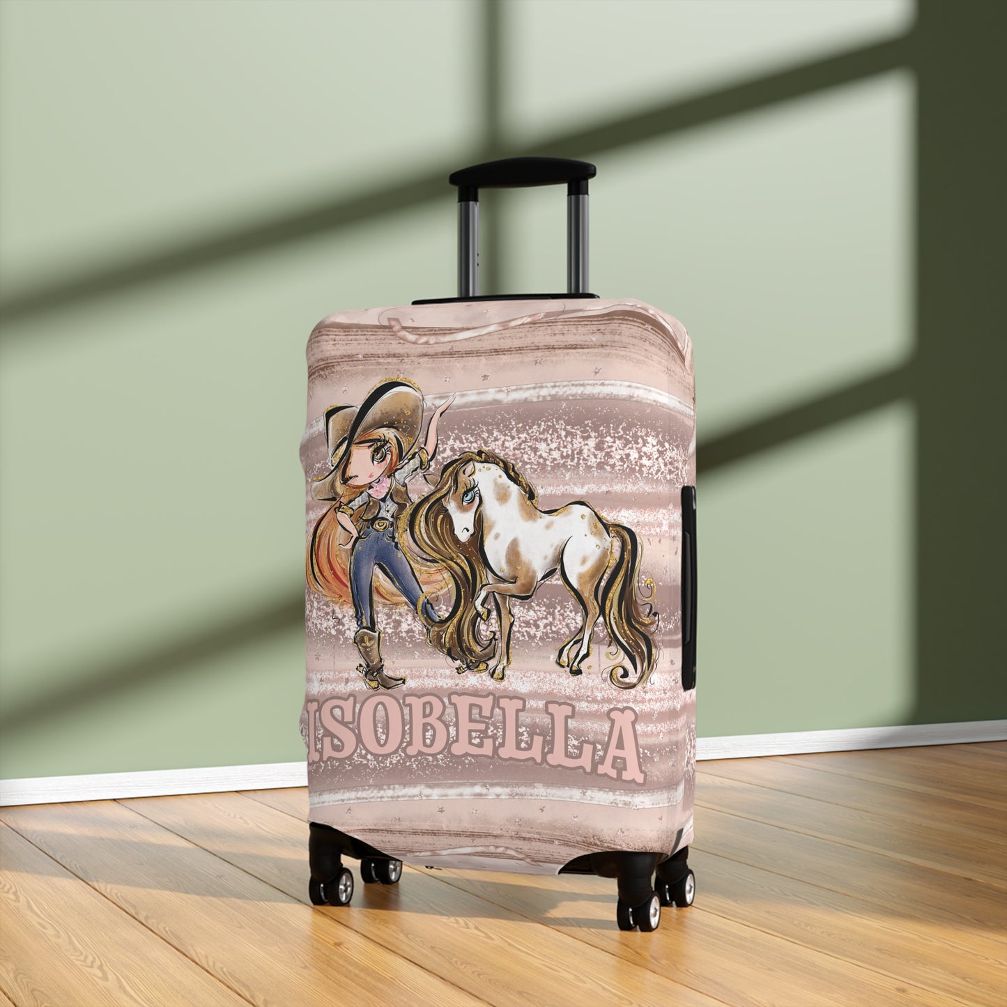 Luggage Cover, Howdy Cowgirl and Horse, Red Hair Brown Eyes