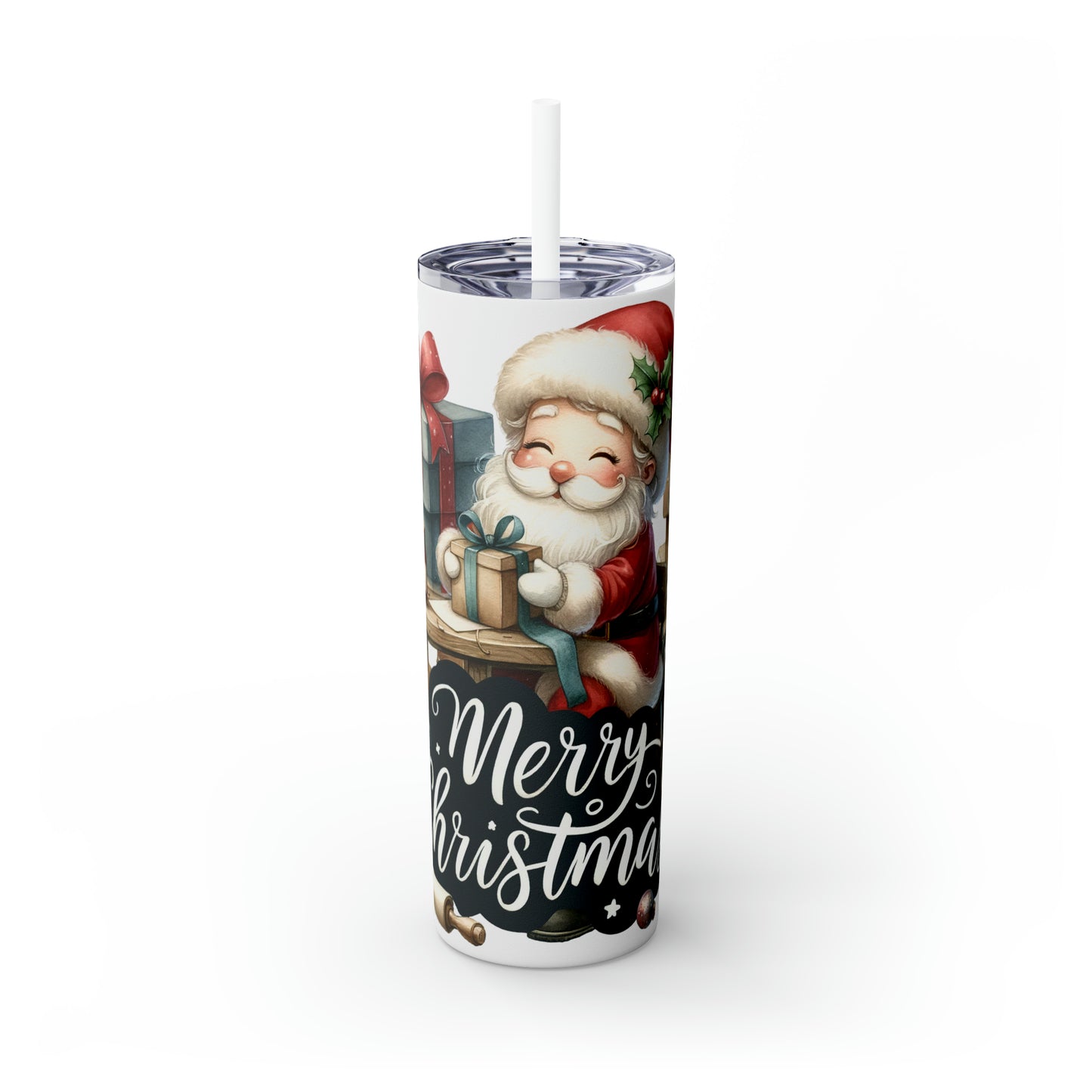 Skinny Tumbler with Straw, 20oz, Merry Christmas, Santa